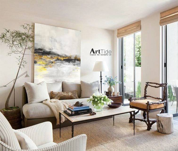 White Handmade Living Room Yellow Abstract Canvas Wall Art EL6CZ